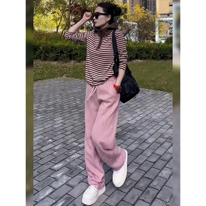 韩版粉色跑步服套装女2024春秋欧货条纹拼接设计感宽松运动卫衣裤