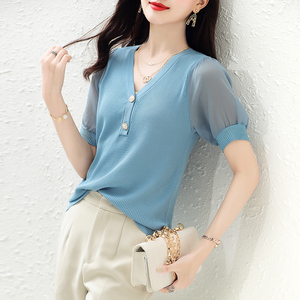 寒蝉织旗舰店天猫冰丝针织衫女短袖短款t恤娃娃领上衣夏天2022新款