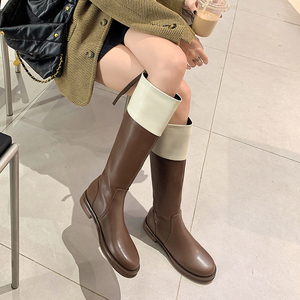 v口小心机~气质尖头长筒平底靴百搭杏色西部牛仔靴秋冬