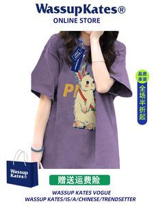Wassup紫色纯棉t恤女短袖夏季oversize宽松半袖体恤设计感上衣