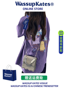 Wassup紫色美式卡通纯棉短袖t恤女夏季潮牌宽松大版设计感上衣服