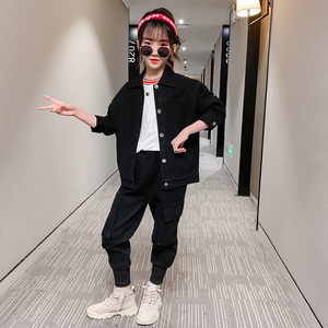 女童牛仔套装潮流个性有范霸气小孩子秋季新款衬衫裤子一身衣服.