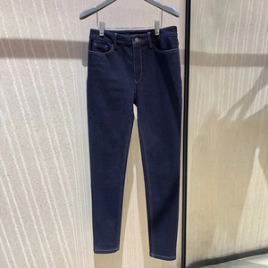 正品哥弟新款2022秋冬深蓝色加绒加厚高腰牛仔裤显瘦小脚裤女裤子