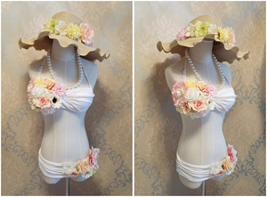 2017新款欧美手工花朵珍珠钢托白色显瘦裙泳衣分体比基尼小胸聚拢