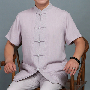 夏季中老年棉麻唐装男轻薄短袖套装居士服大码中国风汉服男爸爸装