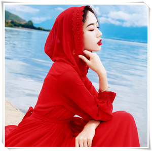 新疆西藏旅游穿搭大红色雪纺连衣裙云南青海湖度假长裙仙沙漠拍照
