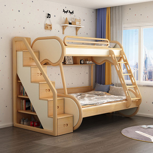 阿呆 北欧子母床儿童高低床成人上下铺实木白腊木床双层床三层