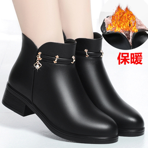 短靴子棉鞋单靴真皮妈妈秋冬季女鞋中跟加绒保暖防滑皮鞋女中老年