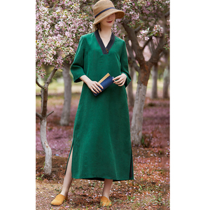 偏爱绿色薯莨绸真丝香云纱连衣裙显瘦v领长及脚踝桑蚕丝长裙袍子