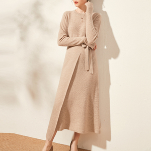 长款加厚纯山羊绒毛衣连衣裙女修身显瘦圆领过膝长裙气质系带冬裙
