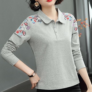 0011人付款淘宝翻领长袖t恤女百搭修身显瘦纯棉中年妈妈有带领子休闲