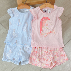 外贸出口 女童冰雪公主棉质短袖t恤 短裤套装儿童小马短袖裤2件套