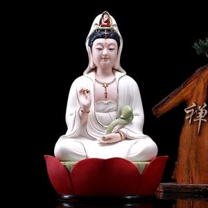 德化白瓷坐莲观世音菩萨家居客厅供奉娑婆三圣白衣小观音佛像摆件