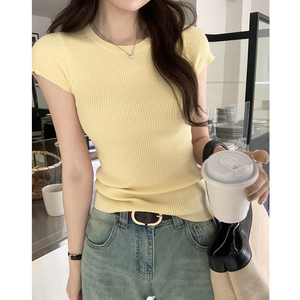 韩版套头圆领修身短袖T恤女2024夏季新款显瘦奶黄色百搭针织上衣