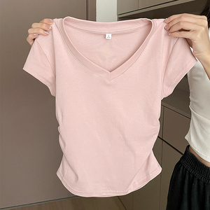 粉色多巴胺显白正肩短袖女夏季褶皱收腰设计感修身T恤短款小上衣