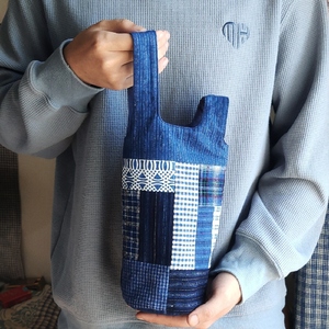 老土布手织布创意拼接水杯袋套日式手挽手提拎水壶包文艺手工便携