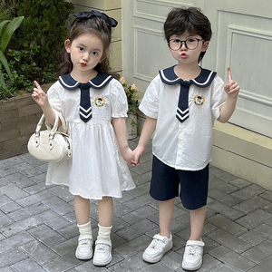 儿 童海军学院风短袖连衣裙套装夏季男女宝宝幼儿园演出校服园服