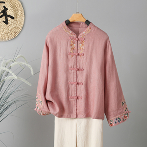 中式复古刺绣棉麻衬衫女春季民族风对襟盘扣改良唐装亚麻立领衬衣
