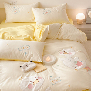 卡通纯棉四件套全棉被套床单贴布绣可爱女小黄鸭被罩床笠床上用品