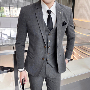纯色西装男套装青年韩版潮流西服三件套帅气修身休闲商务职业礼服