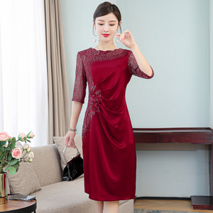 慕天姿2024夏季新款妈妈装喜婆婆高贵气质烫钻连衣裙旗袍结婚喜宴