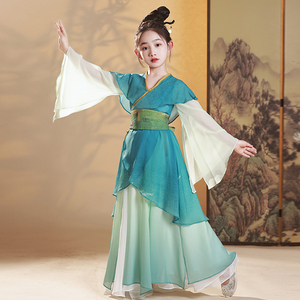 女童汉服儿童新中式古筝演出服古典舞蹈服超仙古装只此青绿表演服