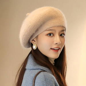 秋冬米色兔毛帽子女户外韩版百搭针织贝雷帽保暖护耳套头毛线帽潮