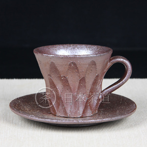 日本备前烧 备前烧咖啡杯有把茶杯杯托组 手刻莲花瓣纹路