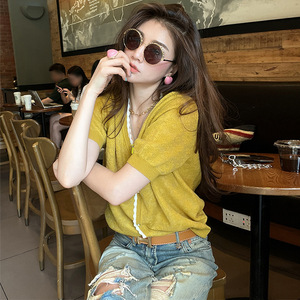 法式姜黄色针织短袖T恤女2024夏季新款V领显瘦冰丝上衣设计感小众