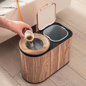 新中式高端智能茶水桶家用大容量废水桶干湿分离二合一木色茶渣桶
