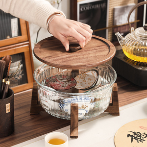中式高端玻璃茶洗缸带盖家用茶泡台废水缸耐高温大号茶盂茶具配件