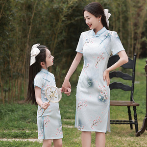 新款夏款亲子装母女装女童时尚旗袍连衣裙复古中国风汉服修身绣花