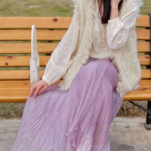 紫色网纱半身裙女中长款2022春夏新款仙女裙百褶沙滩裙高腰显瘦