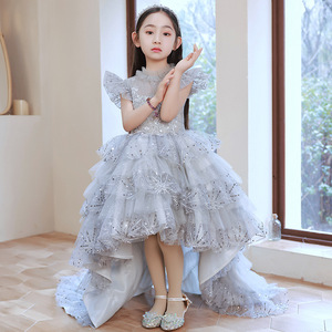 九岁儿童生日拖尾公主裙前短后长小女孩走红毯钢琴主持唱歌礼服夏