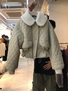韩国2023冬季菱格毛绒娃娃领显瘦抽绳收腰气质加厚棉服女短款棉衣