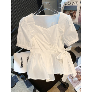 夏季白色短袖雪纺衬衫女夏装短款收腰显瘦遮肚子上衣洋气裙摆小衫