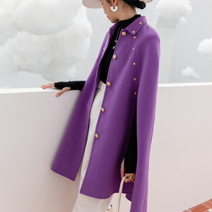 斗篷军装风毛呢外套女2021秋冬羊毛披风呢子双面羊绒大衣披肩紫色