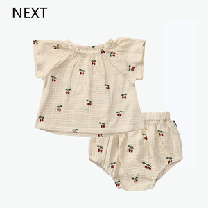 英国NEXT宝宝夏装樱桃纯棉纱皱布两件套装薄款婴儿分体女网红衣服