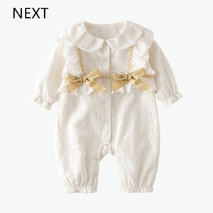 英国next婴儿衣服秋装女宝宝蝴蝶结拍照百天周岁满月连体哈衣爬服