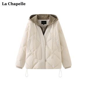 拉夏贝尔/La Chapelle连帽抽绳拼接假两件菱格棉服外套女加厚冬季