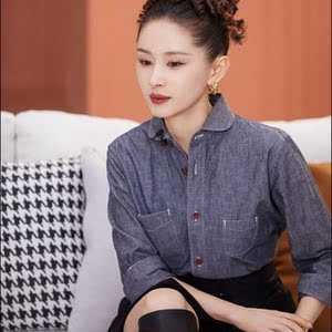 半熟恋人王子文同款宽松长袖牛仔衬衣女2022春秋季新打底衬衫上衣