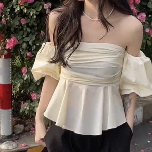 东大门泡泡袖一字肩露肩抹胸衬衫女2022夏季新款韩版百搭辣妹上衣
