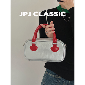 jpjclassic新款牛皮撞色保龄球包女单肩斜挎手提包可爱小方包ins