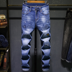 2018男士牛仔长裤子弹力春秋季休闲透气百搭补丁直筒小脚大码潮流