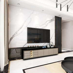 橙道大理石电视背景墙瓷砖微晶石现代简约客厅实木边框装饰光语