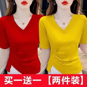 单/两件不规则短袖t恤女2023夏装韩版新款修身显瘦纯色打底衫上衣