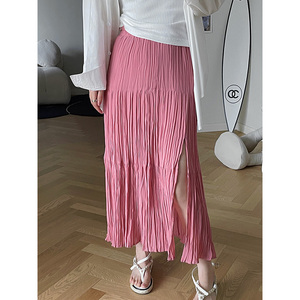 中裙压褶内衬防走光百褶裙松紧腰雪纺粉色碎花半身裙女12371人付款