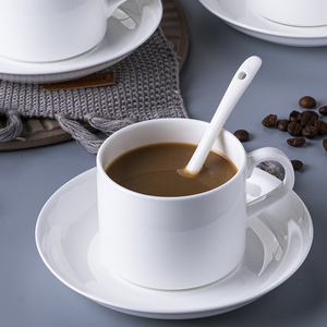 纯白骨瓷意式浓缩咖啡杯子陶瓷家用办公室简约釉下彩杯子带勺子