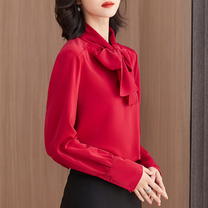 凤凰色2024春装新款红色蝴蝶结上衣女洋气长袖设计感小众雪纺衬衫