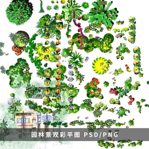 园林景观彩平图psd素材 室外植物假山凉亭花坛小品彩色平面图ps